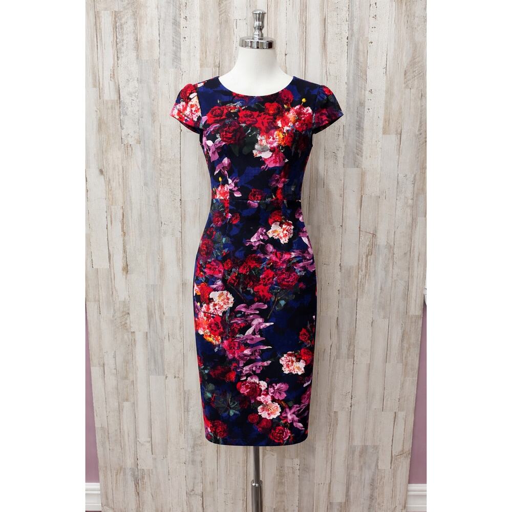 BETSEY JOHNSON Wear to Work Cap Sleeve Floral Sheath Dress Size 2 Retro Pinup